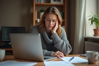 Femme frustrée devant un écran d'ordinateur affichant un message d'erreur de compte bloqué sur NetYParéo Tulle