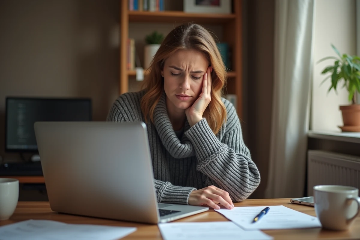 Femme frustrée devant un écran d'ordinateur affichant un message d'erreur de compte bloqué sur NetYParéo Tulle