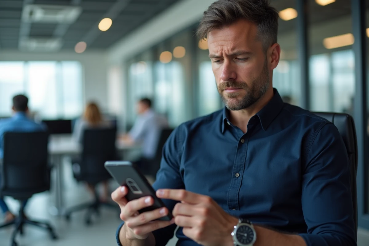 Homme en bureau regardant un smartphone affichant un compte bloqué après trop de tentatives de connexion