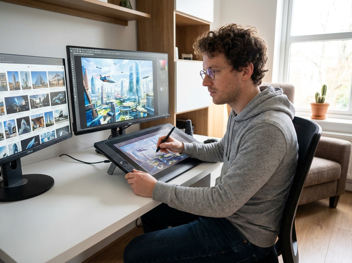 Concept artist masculin travaillant sur une peinture numérique de ville futuriste avec une tablette graphique dans un bureau moderne