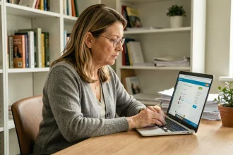 Enseignante consultant les paramètres de confidentialité d'une plateforme éducative normande sur son ordinateur portable au bureau