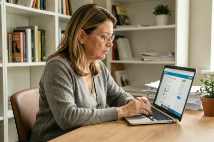 Enseignante consultant les paramètres de confidentialité d'une plateforme éducative normande sur son ordinateur portable au bureau