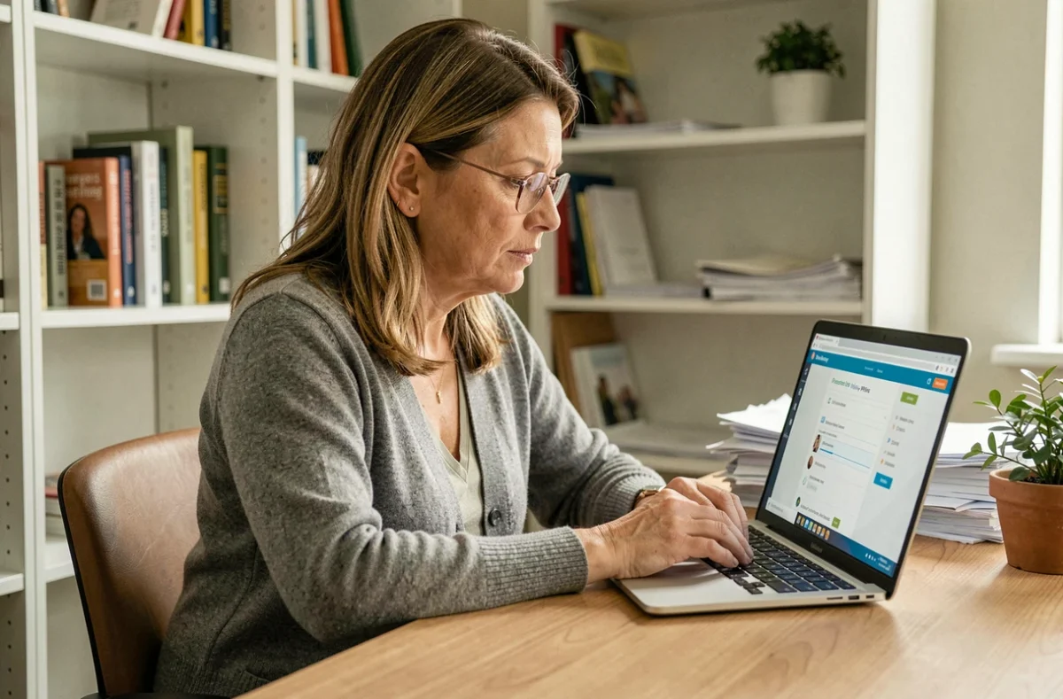 Enseignante consultant les paramètres de confidentialité d'une plateforme éducative normande sur son ordinateur portable au bureau