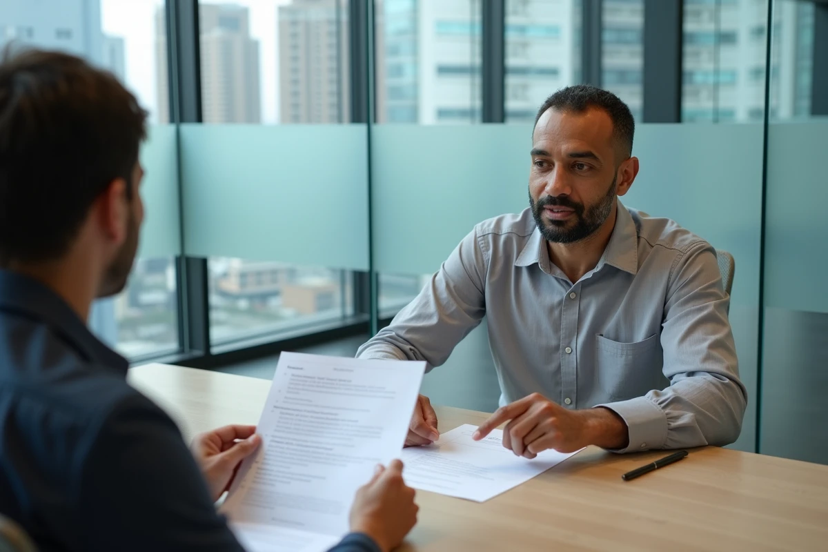 Homme en consultation juridique pour préparer les questions de naturalisation avec un conseiller professionnel
