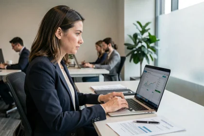 Contractuelle de la fonction publique accédant au portail Esterel Aix sur son ordinateur portable dans un bureau administratif moderne