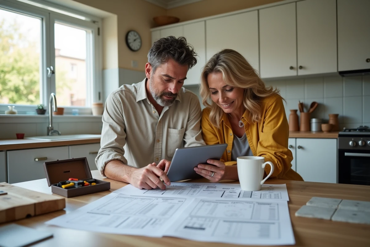 Couple planifiant des travaux de bricolage à domicile avec des plans, des échantillons de carrelage et un cours DIY sur tablette pour optimiser leur budget