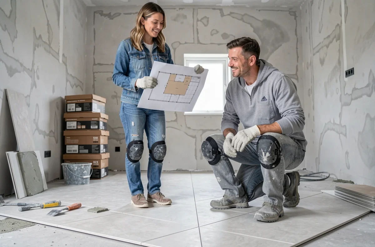 Couple réalisant des travaux de carrelage dans une salle de bain en rénovation grâce à une formation CPF bricolage