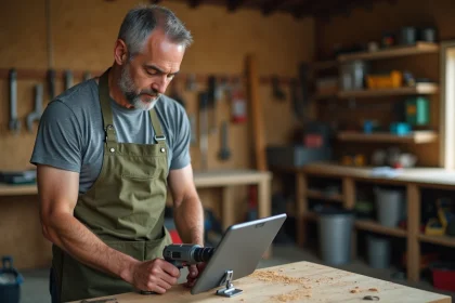Homme en tablier de bricolage regardant un cours de bricolage en ligne sur une tablette dans son atelier