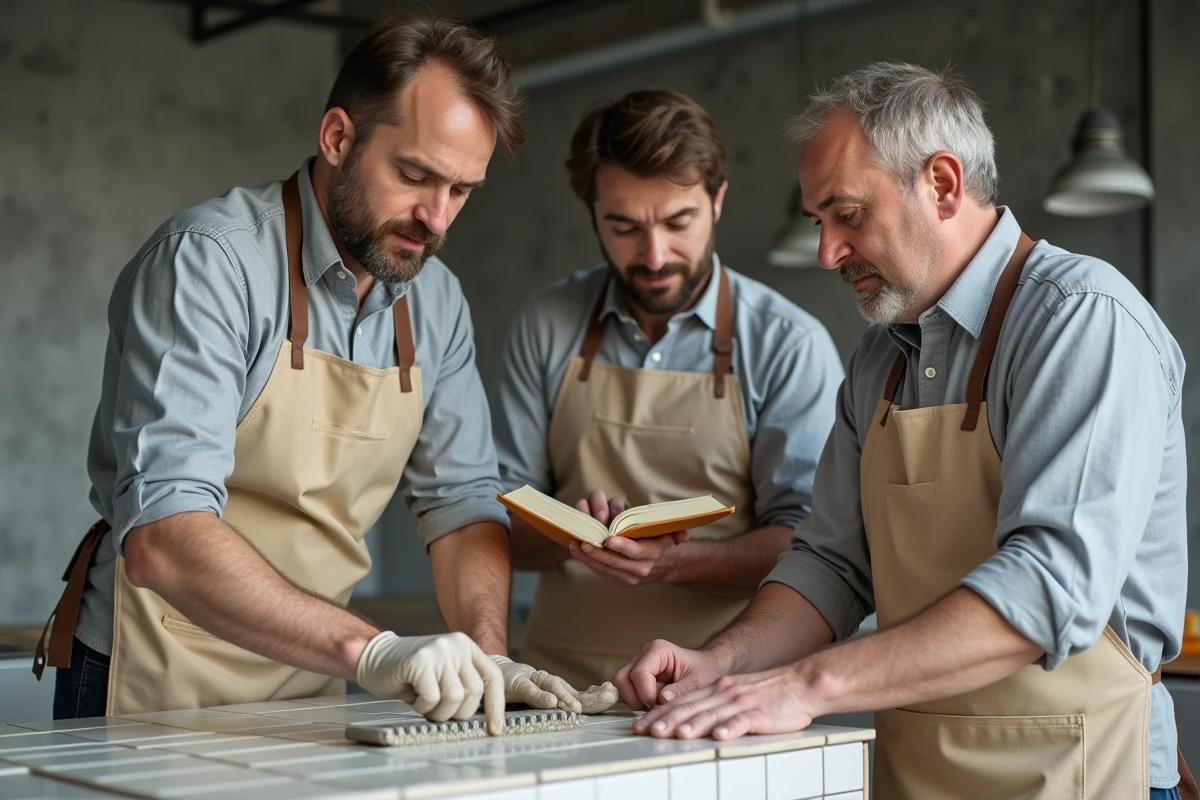 Groupe d'adultes en formation bricolage pratiquant la pose de carrelage dans un atelier p&eacute;dagogique