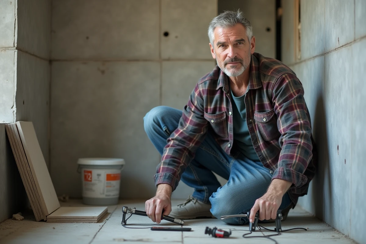 Artisan bricoleur regardant une vidéo de cours de pose de carrelage sur smartphone dans une salle de bain en rénovation