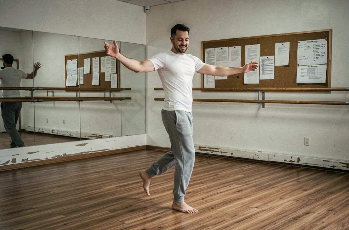 Homme dansant seul dans un studio de danse avec barres et miroirs en arrière-plan