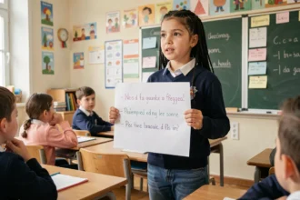 Élève de CM2 présentant son programme de déléguée de classe devant ses camarades avec une affiche manuscrite