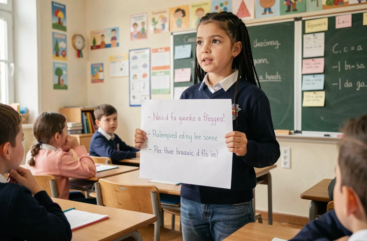 Élève de CM2 présentant son programme de déléguée de classe devant ses camarades avec une affiche manuscrite