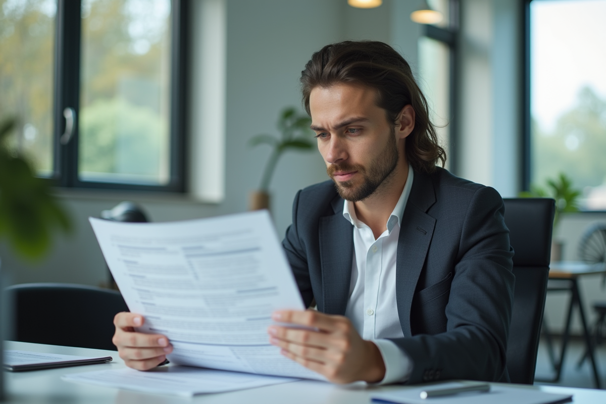 Employe de bureau regardant un document de demande de formation refusee