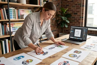 Designer graphique annotant des maquettes de logo pour une école sur un bureau en bois dans un studio moderne