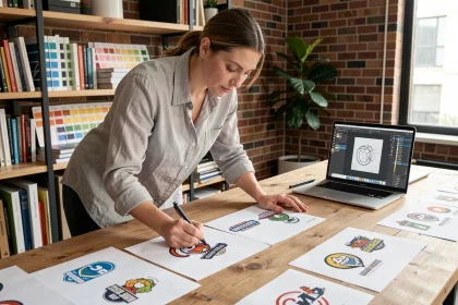 Designer graphique annotant des maquettes de logo pour une école sur un bureau en bois dans un studio moderne