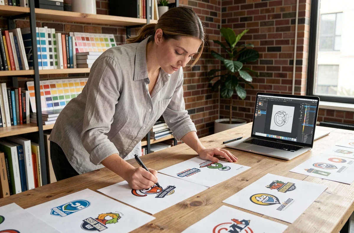Designer graphique annotant des maquettes de logo pour une école sur un bureau en bois dans un studio moderne