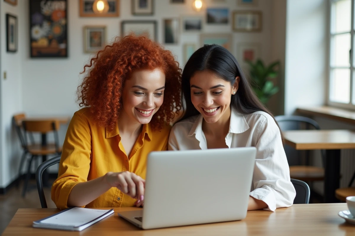 Deux femmes débutantes apprenant ensemble une formation Canva dans un café avec un ordinateur portable