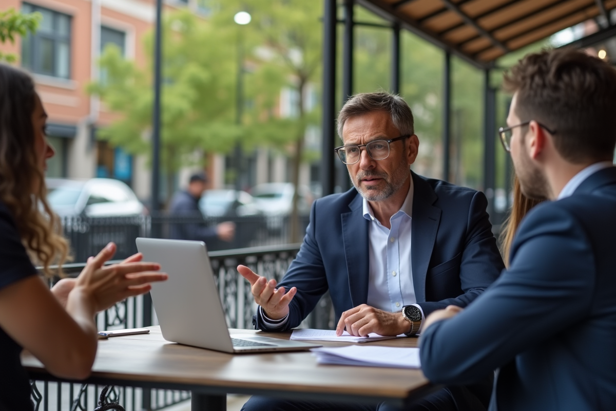 Groupe de collègues discutant dans un café en plein air