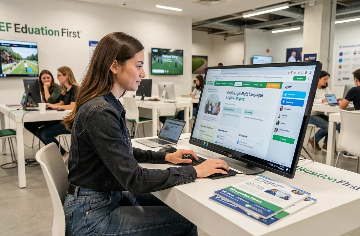 Étudiante sur poste numérique dans un centre EF Education First à Lyon pour l'apprentissage de l'anglais