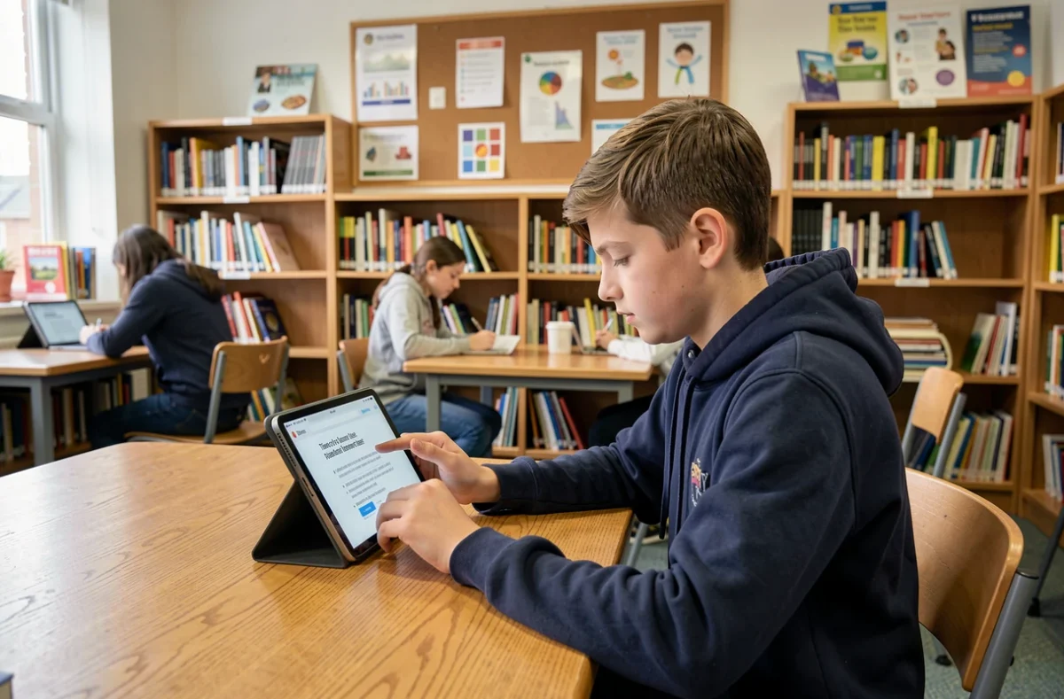 Élève adolescent lisant les conditions d'utilisation d'un portail scolaire éducatif sur une tablette dans une bibliothèque