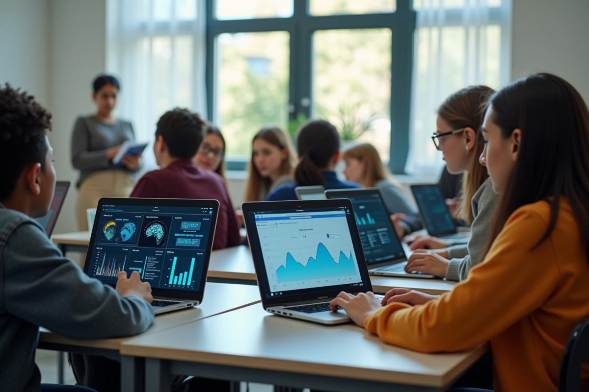 Groupe d'élèves au lycée utilisant des ordinateurs en classe