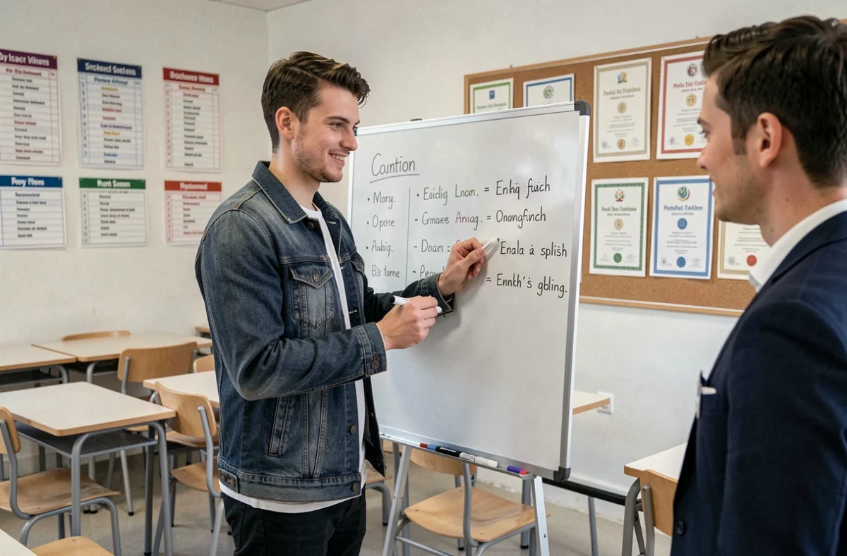 Adulte s'entraînant à écrire en anglais au tableau dans une salle de classe de l'English Academy à Lyon