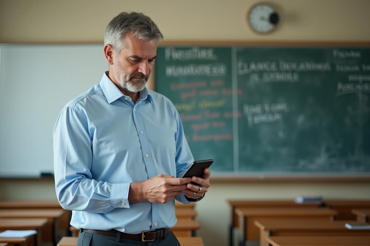 Enseignant consultant l'ENT HEF sur smartphone dans une salle de classe vide, découvrant des outils pédagogiques avancés
