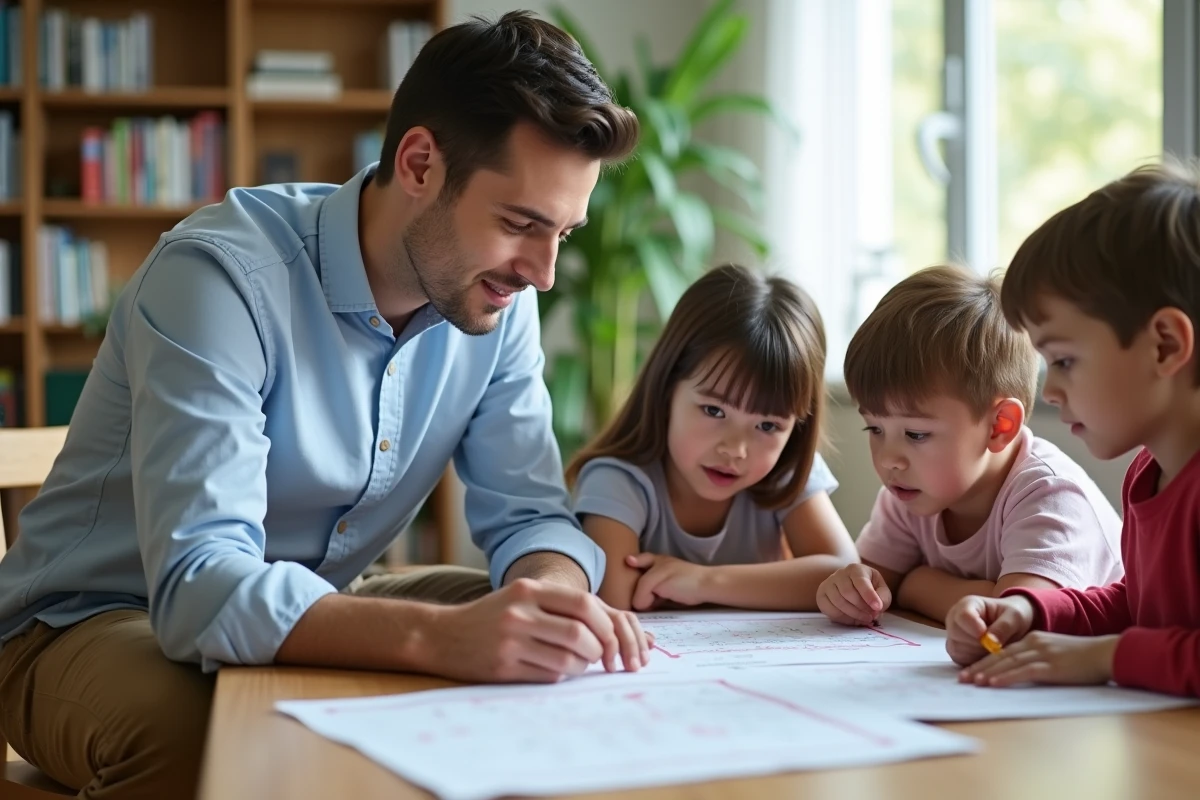 Enseignant aidant des enfants &agrave; lire dans une biblioth&egrave;que lumineuse