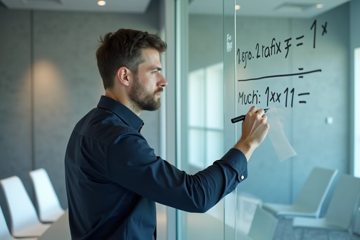 Enseignant expliquant la méthode d'inversion d'une matrice 2x2 et le calcul du déterminant sur un tableau en verre dans une salle de réunion moderne