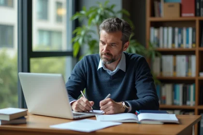 Professeur concentr&eacute; sur son ordinateur dans un bureau moderne