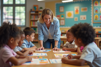 Enseignante avec enfants en classe lumineuse
