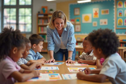 Enseignante avec enfants en classe lumineuse