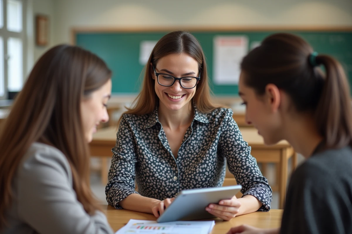 Enseignante montrant une tablette &agrave; ses coll&egrave;gues dans une salle de classe