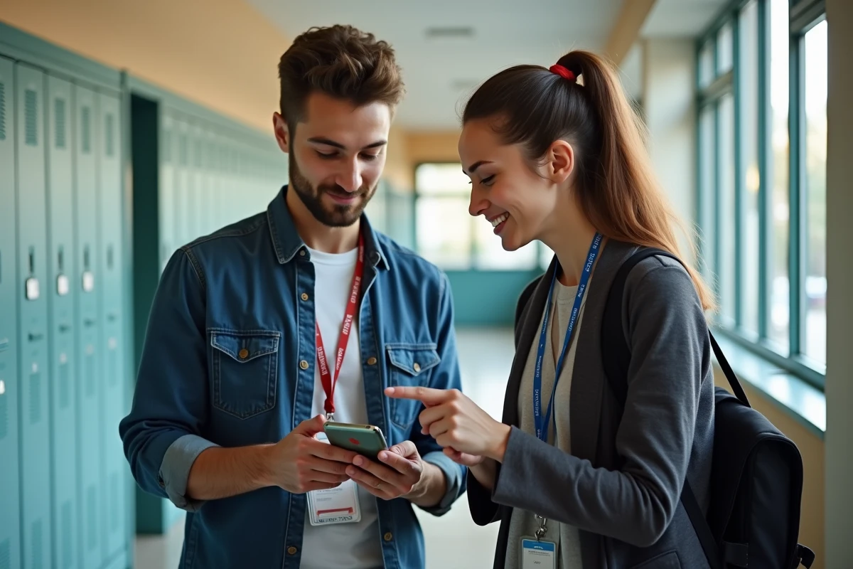 Deux jeunes enseignants débutants discutant du salaire net et des indemnités dans un couloir d'école