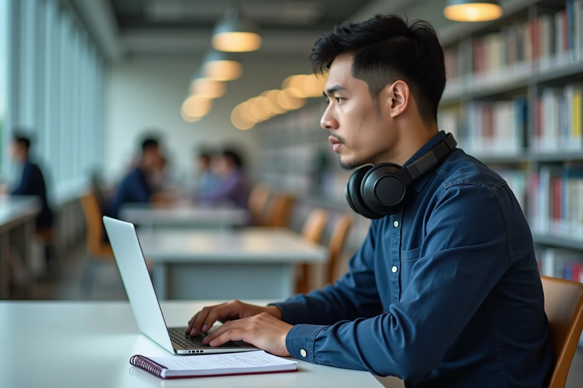 Homme en train de s'entraîner au TOEIC sur ordinateur portable dans une bibliothèque moderne