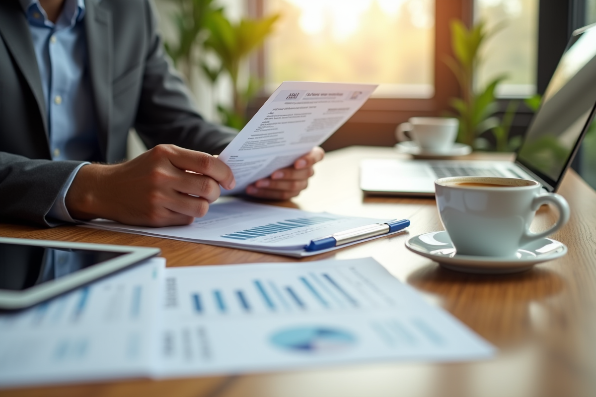 Entrepreneur examinant des documents financiers sur un bureau lumineux