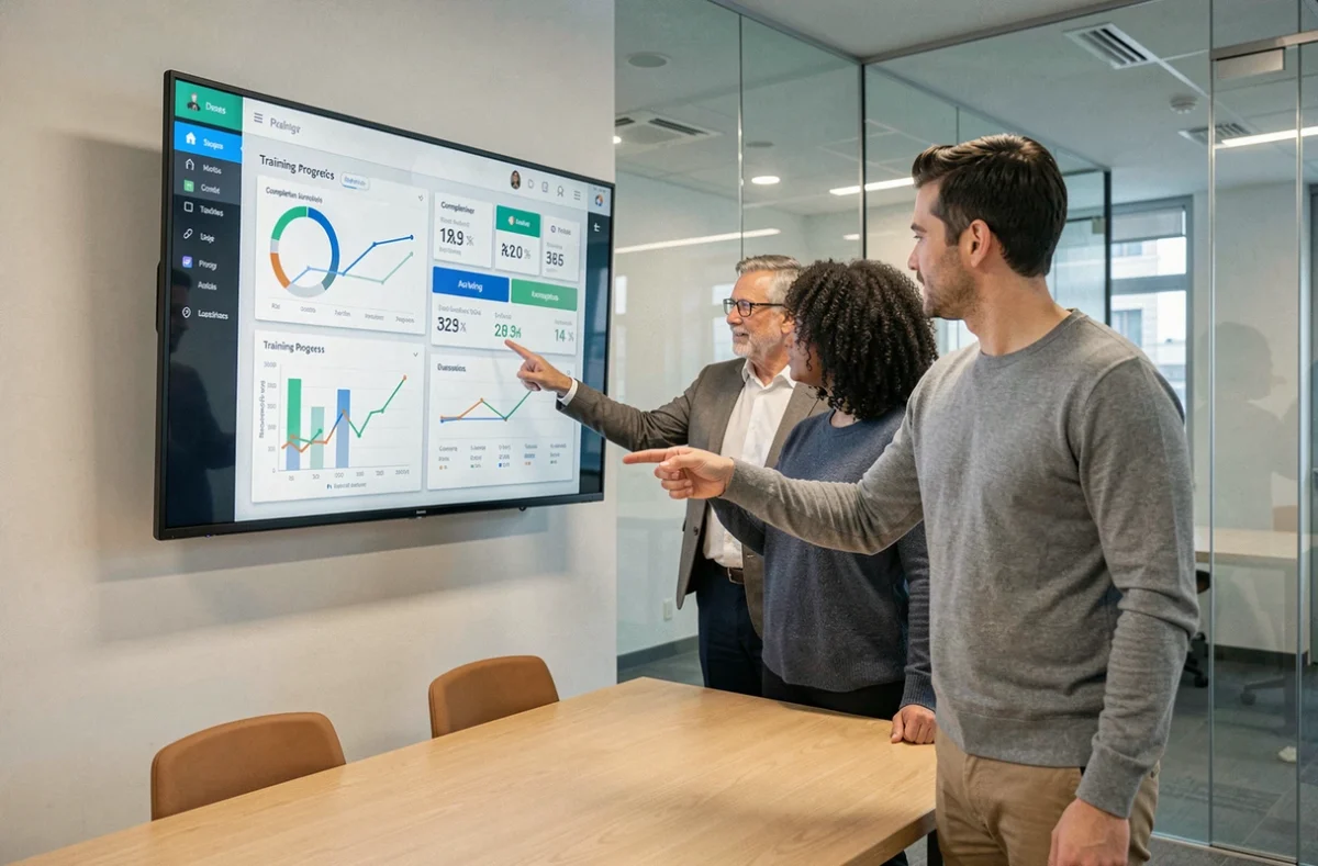 Équipe de professionnels analysant des données de formation sur un tableau de bord LMS en salle de réunion