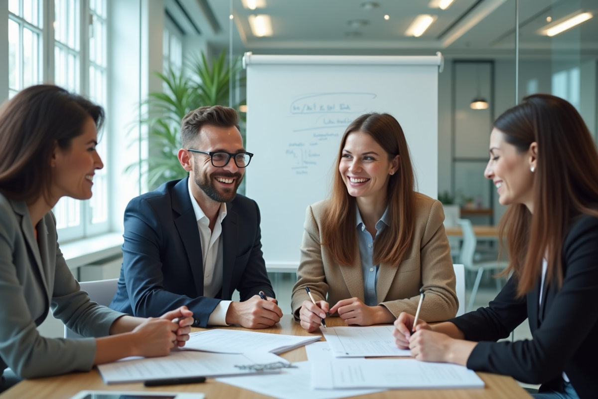 Groupe de professionnels en réunion dans une salle moderne