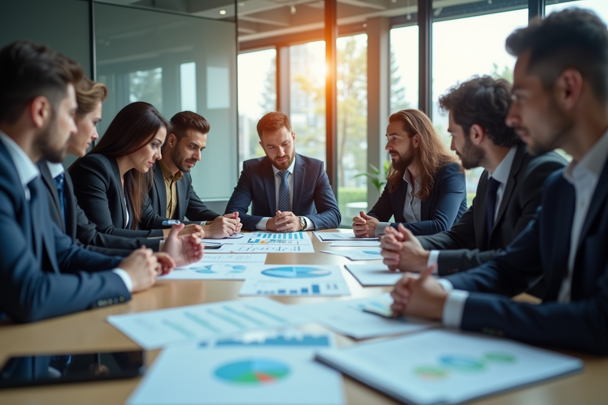Equipe de professionnels analysant des graphiques dans un bureau lumineux