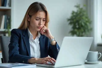 Femme frustrée devant un écran d'ordinateur montrant des statistiques d'email marketing en baisse, illustrant les erreurs courantes dans les campagnes d'abonnement email