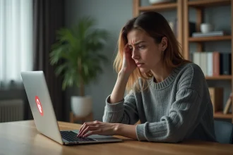 Femme frustrée devant un message d'erreur sur son ordinateur portable après plusieurs tentatives de connexion bloquées