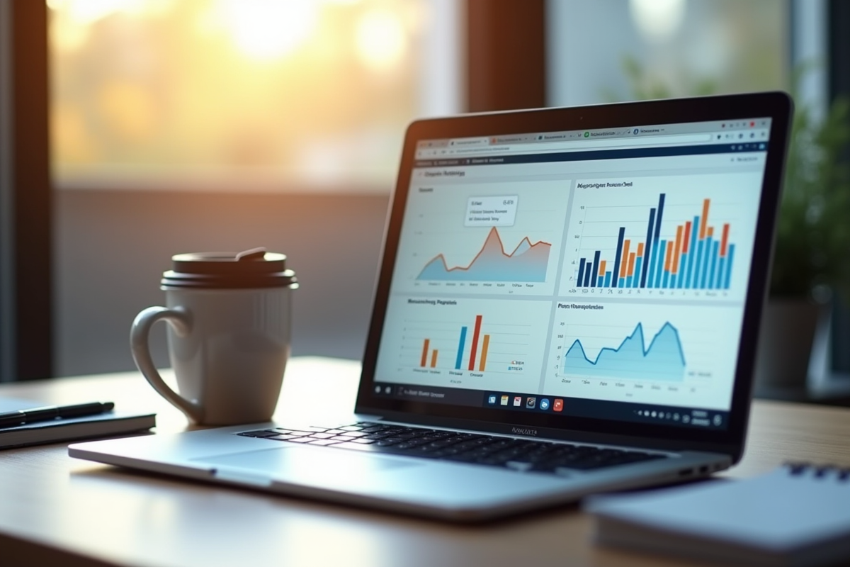 Espace de travail moderne avec ordinateur affichant des graphiques marketing