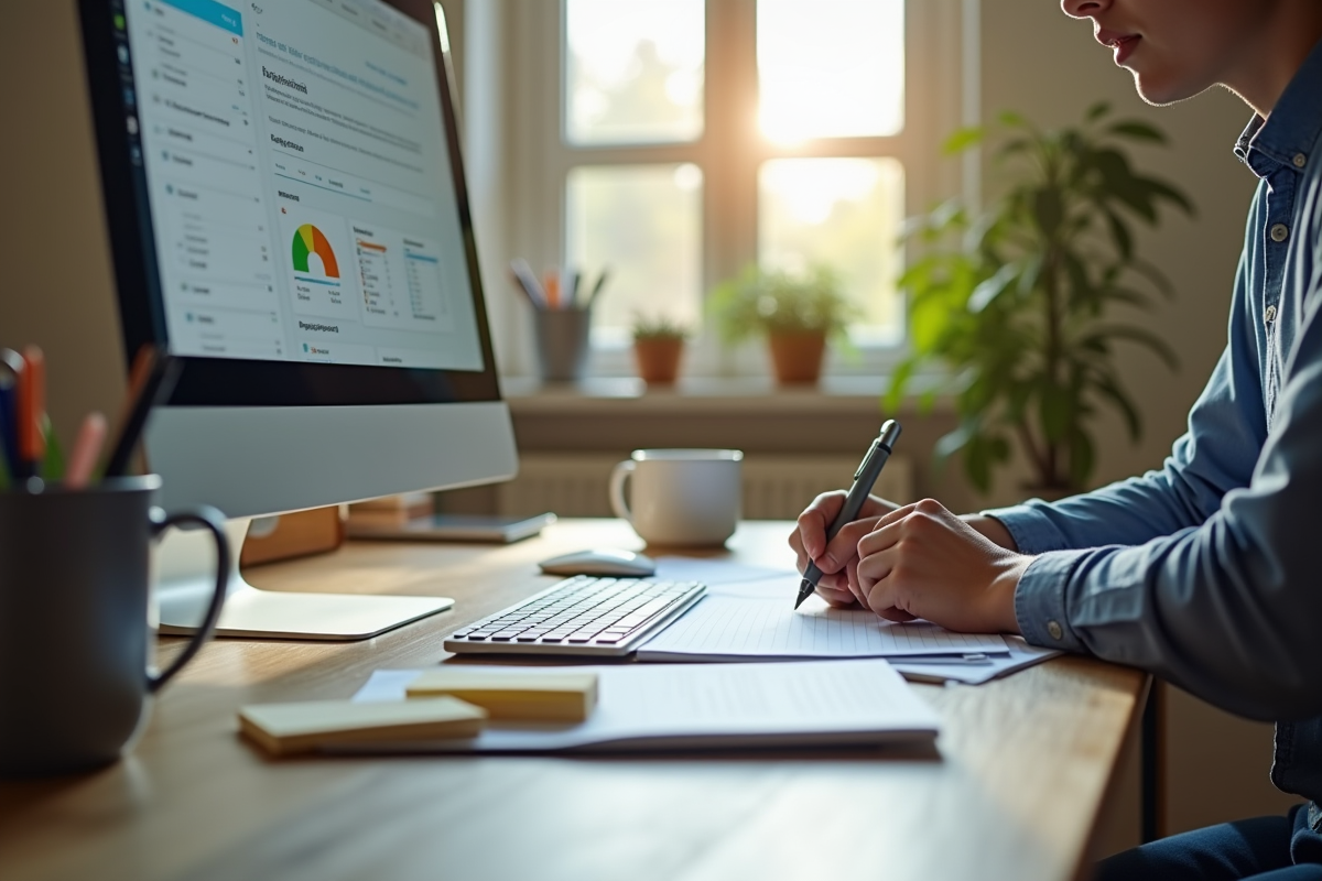 Espace de travail à domicile avec personne prenant des notes