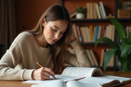 Jeune femme étudiant la conjugaison espagnole dans des livres de grammaire ouverts sur un bureau en bois