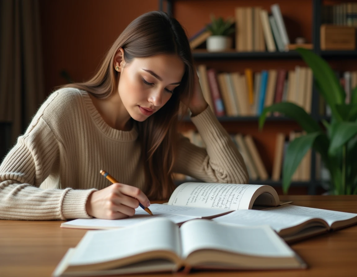 Jeune femme étudiant la conjugaison espagnole dans des livres de grammaire ouverts sur un bureau en bois