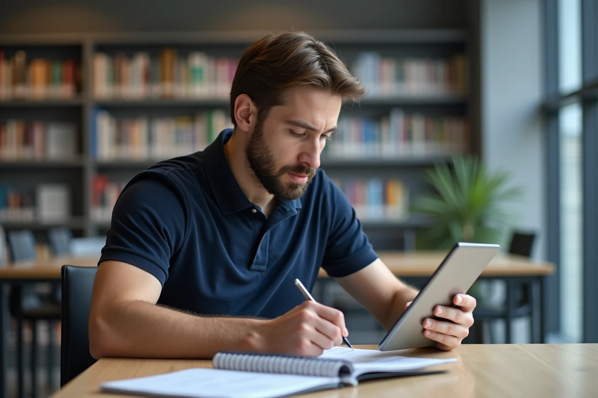 Homme étudiant les questions du permis de conduire sur une tablette avec des notes manuscrites dans une bibliothèque
