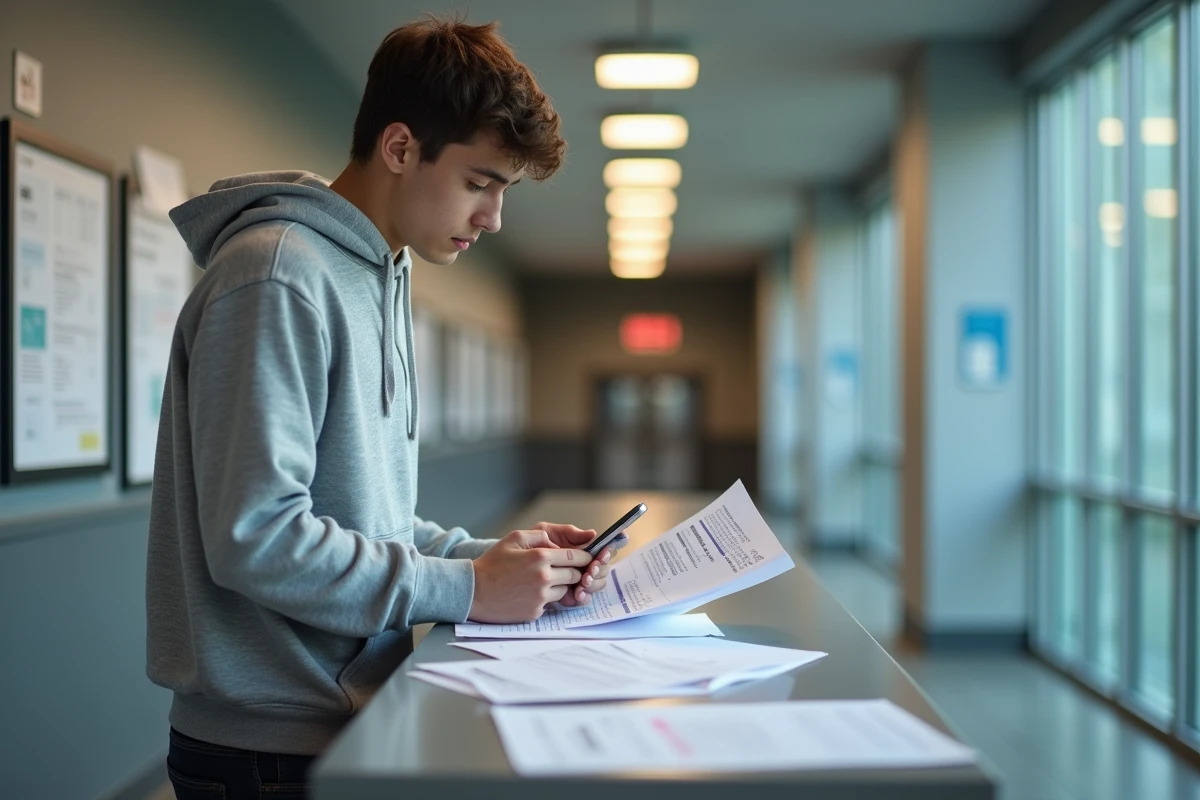 Étudiant vérifiant ses absences sur smartphone et formulaire papier dans un couloir administratif d'école de commerce