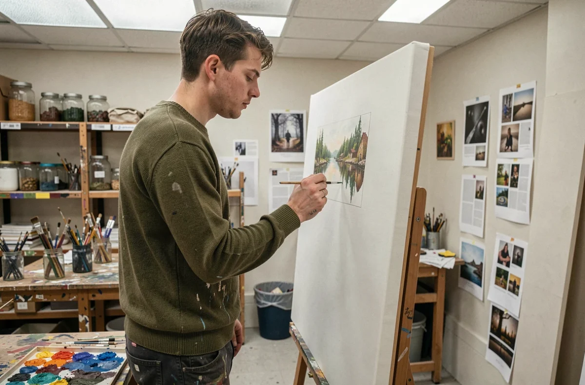 Étudiant en arts appliqués à l'ESAA Duperré Paris peignant une illustration en atelier