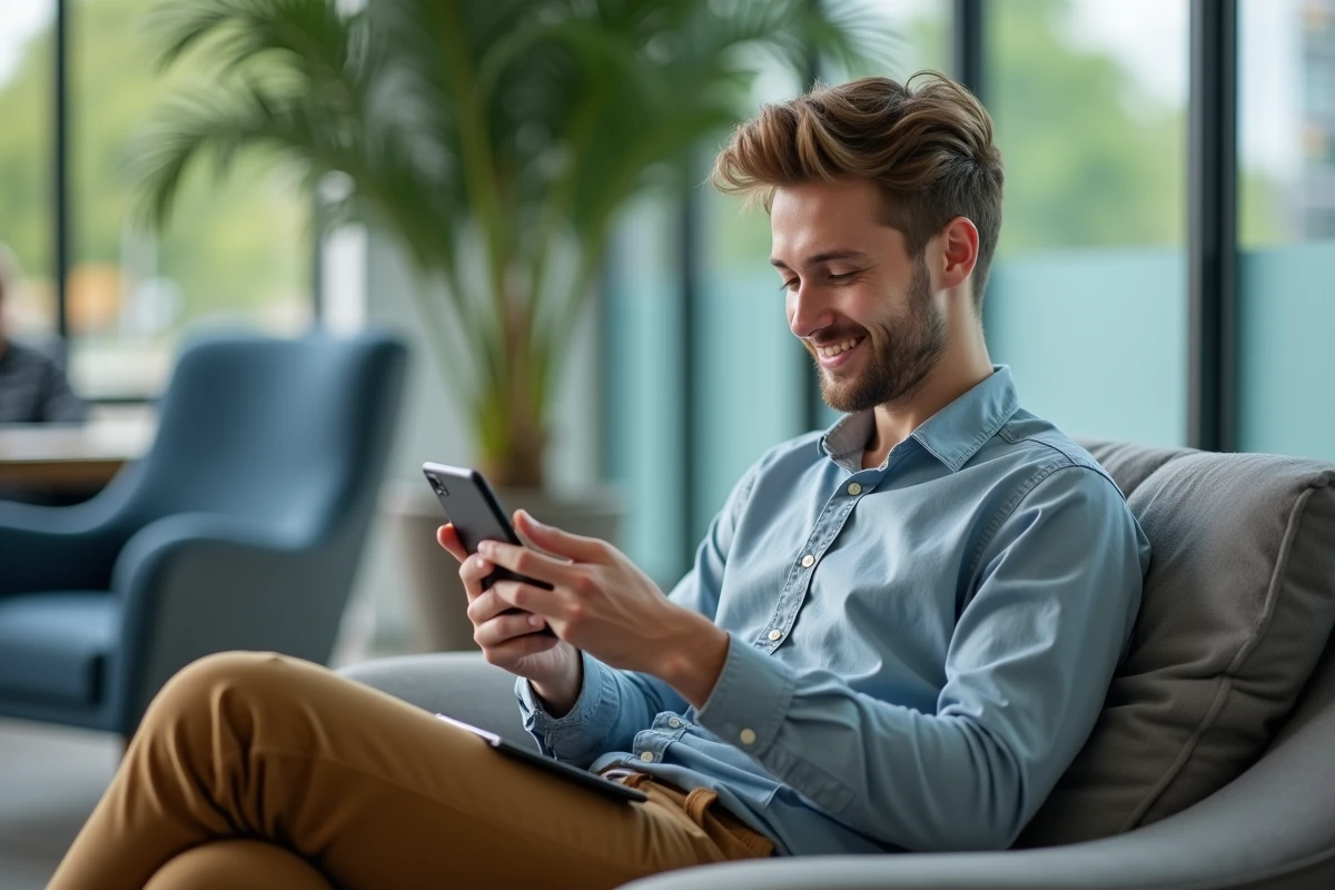 Etudiant utilisant smartphone dans espace universitaire